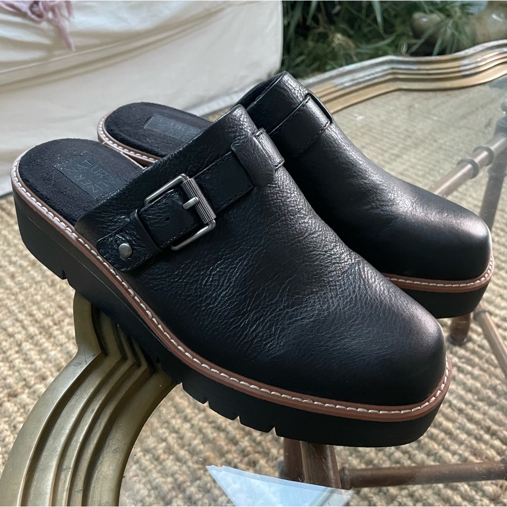 Naturalizer Black Leather Buckle Clog Mules